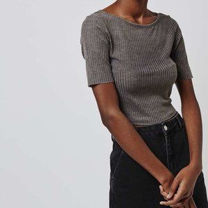 TopShop Slash Crewneck Crop Top 3/4 Sleeve Tee Gray Size 6 or 10
